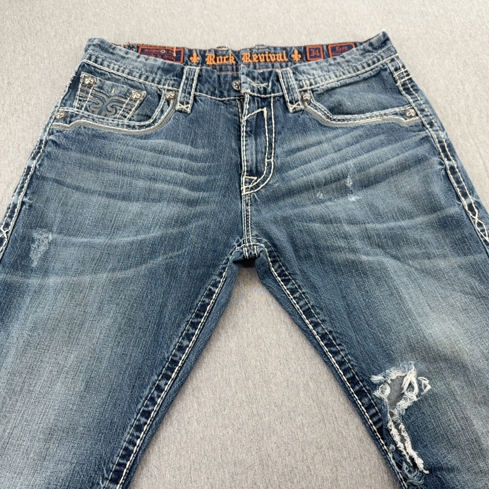 Rock Revival Distressed Embroidered Mens Jeans Sz 34 Leon Relaxed Straight #1016